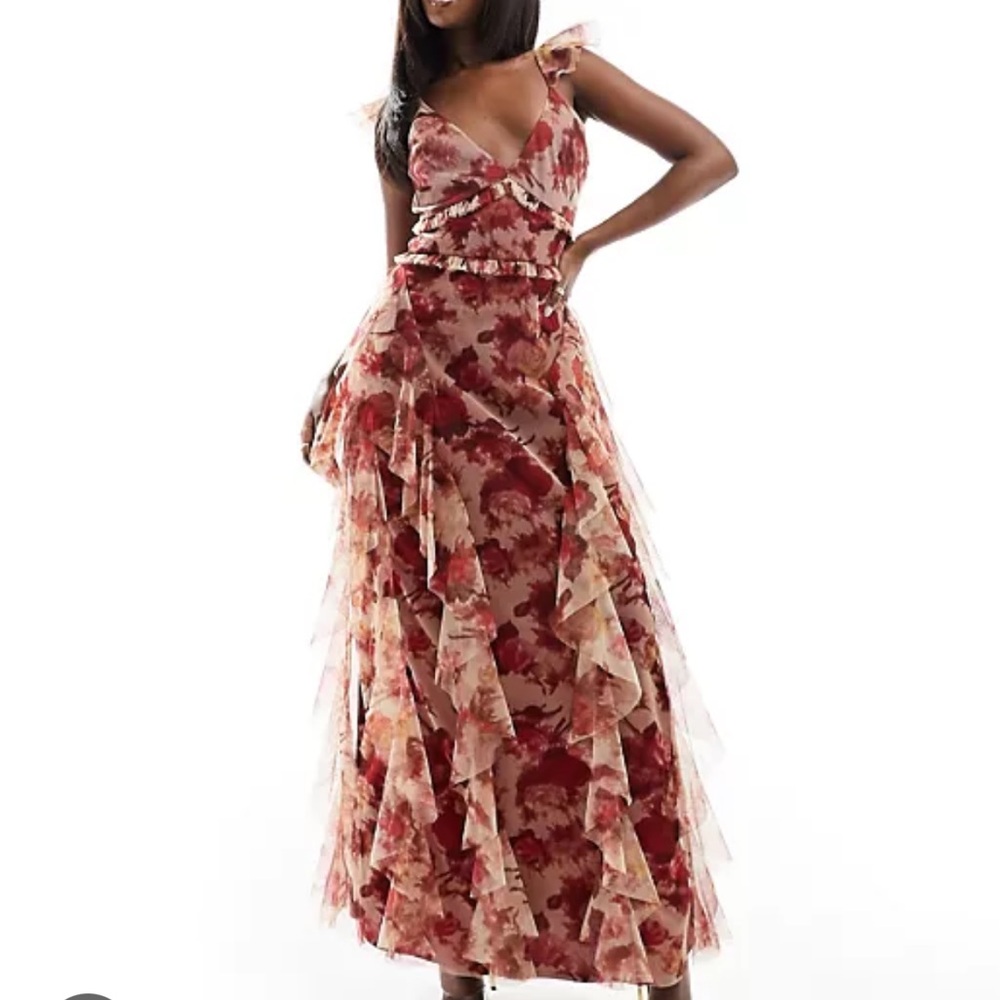 ISO ASOS LACE&BEADS RUFFLE MIDAXI DRESS IN DEEP ROSE PRINT - Picture 2 of 3